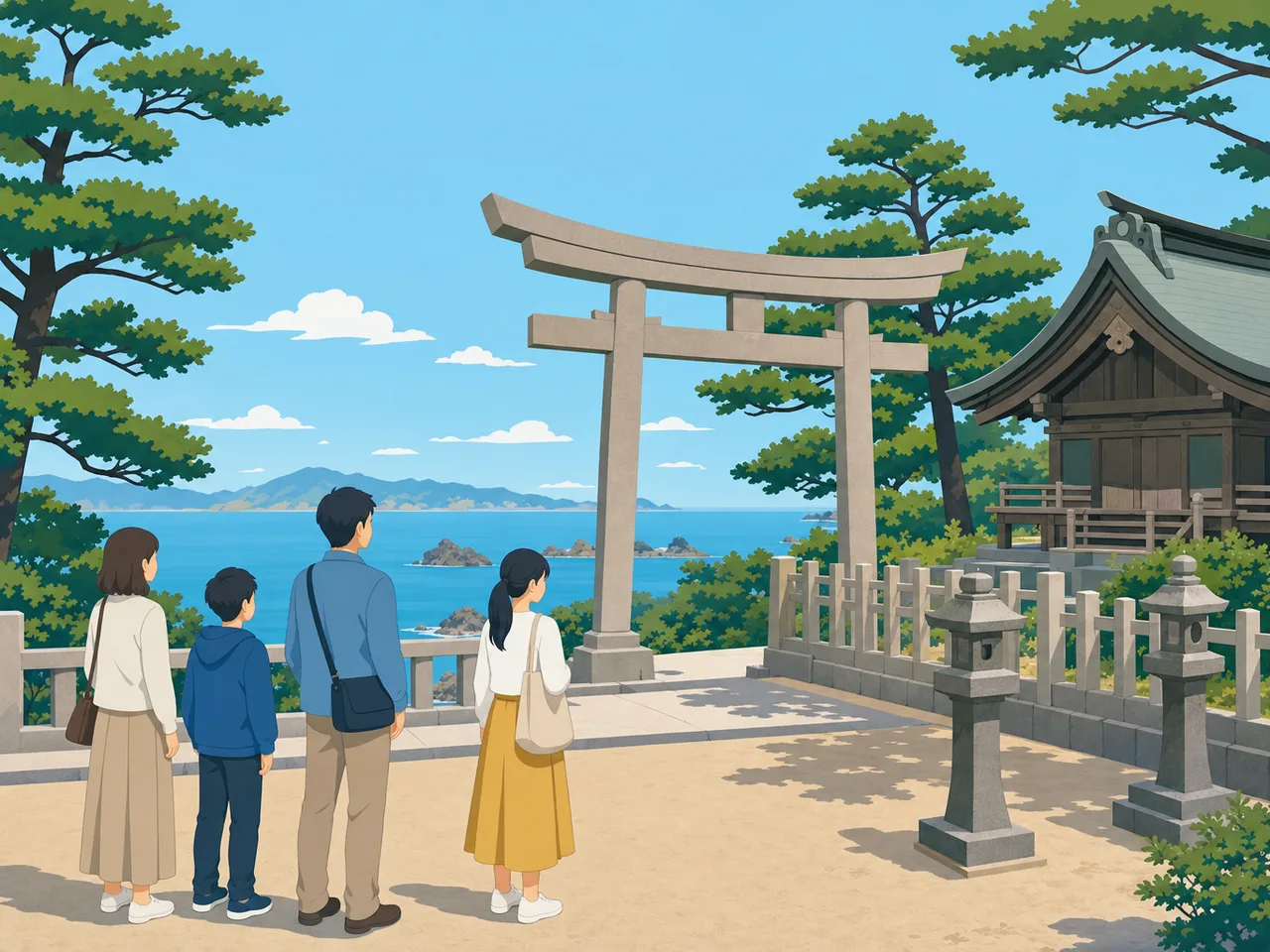 島根の海辺の文化景観を巡る旅行者（フラットイラスト）。島根旅行、海辺の神社、山陰旅行、文化景観の記事や案内に使える商用素材です。