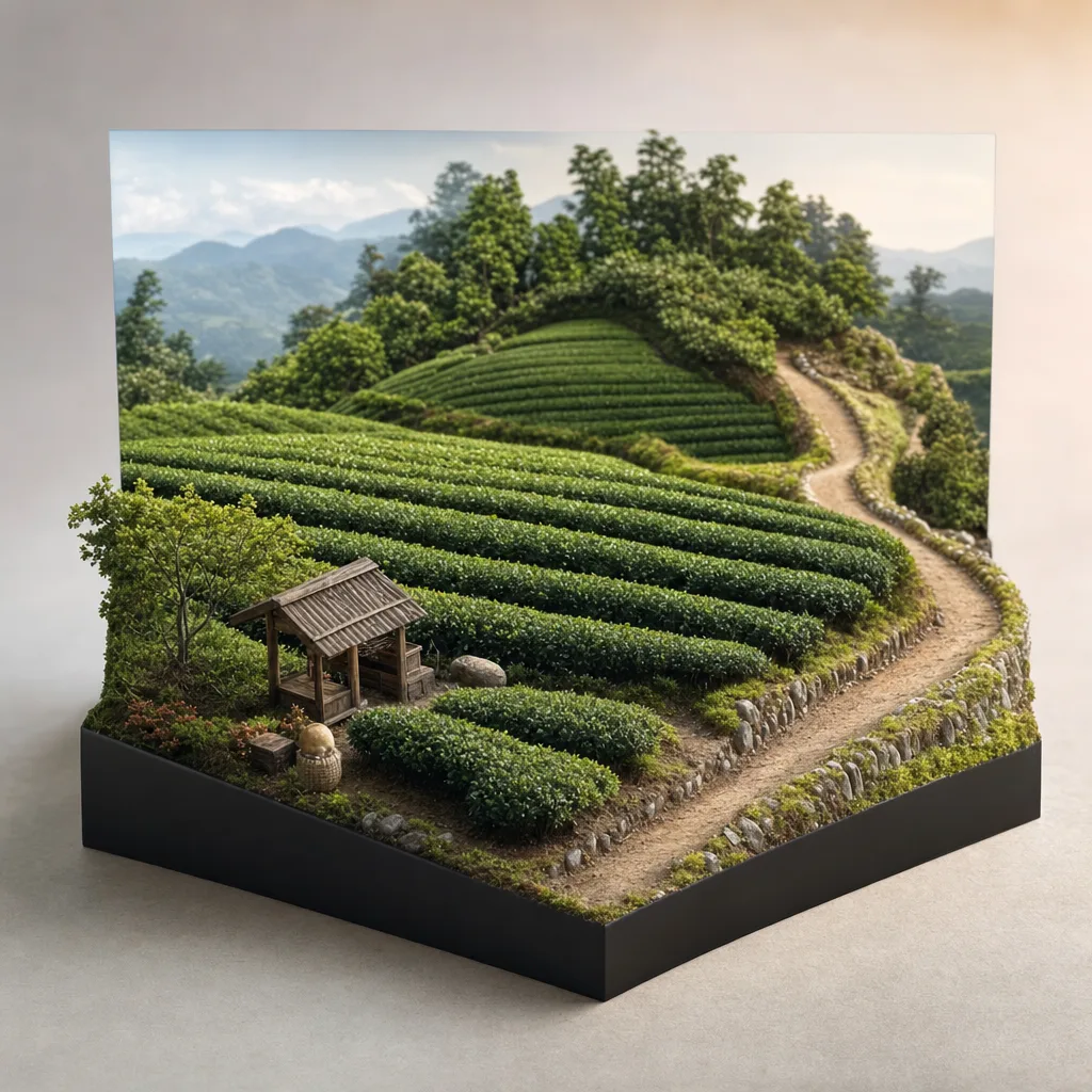 日本の丘陵に広がる茶畑（立体ディスプレイ）。茶畑、茶園、農業、緑の風景向け素材です。