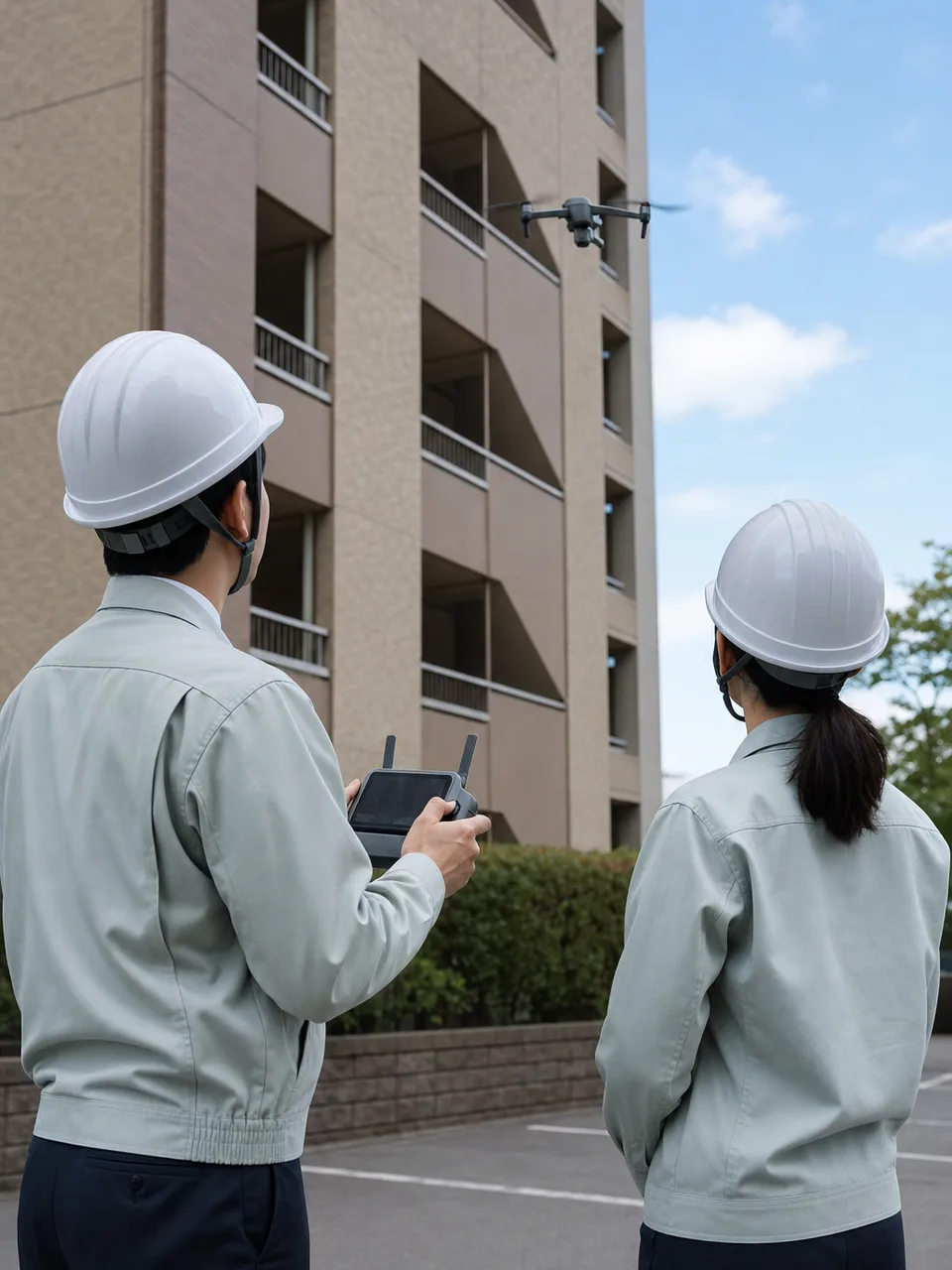 ドローンで建物を点検する日本人技術者（自然な縦位置写真）。ドローン、建物点検、インフラ保守、DXの記事向け技術素材です。
