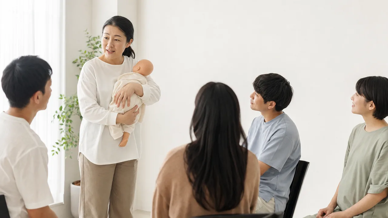 両親学級を支える日本人助産師（横長・コピースペース）。助産師、両親学級、妊娠、出産準備の記事向け素材です。