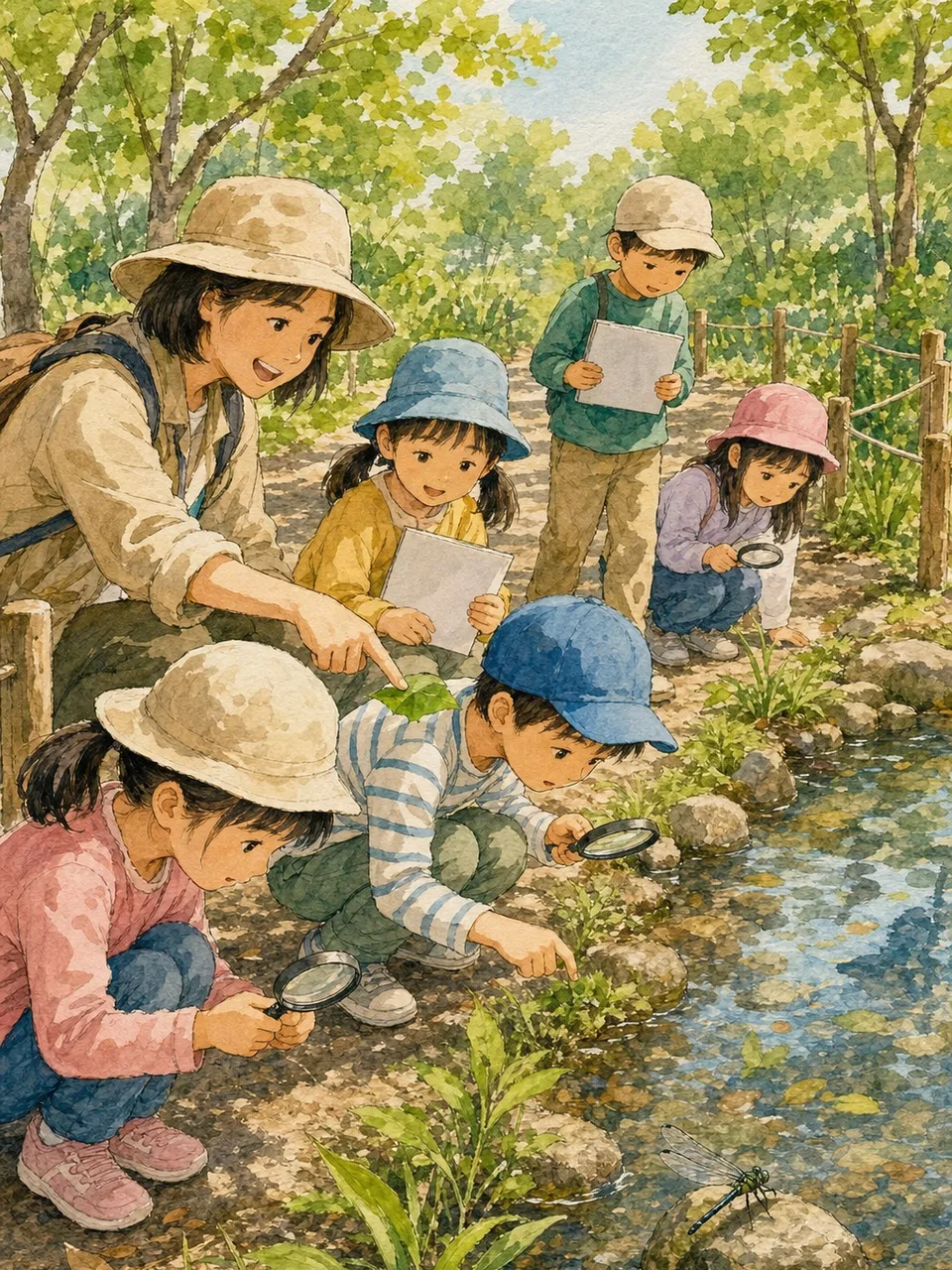 自然を観察する日本人の子ども（手描き水彩）。子どもの自然観察、観察路での環境学習、環境教育、自然観察の記事や案内に使える商用素材です。