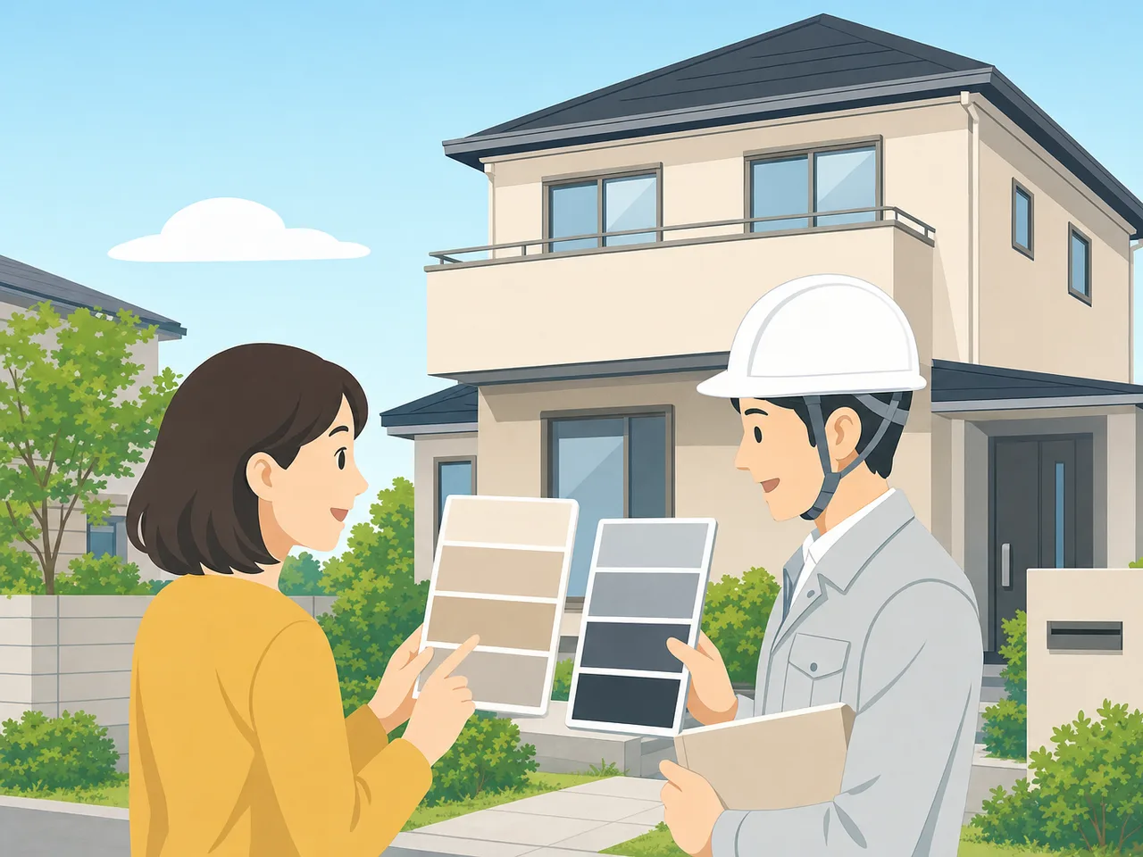 外壁塗装を相談する日本人（フラットイラスト）。外壁塗装、住宅塗装、リフォーム、外壁メンテナンスの記事や案内に使える商用素材です。