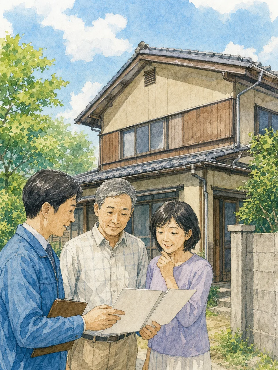 空き家の活用を相談する日本人（手描き水彩）。空き家、住宅活用、地域課題、相続の記事向け素材です。