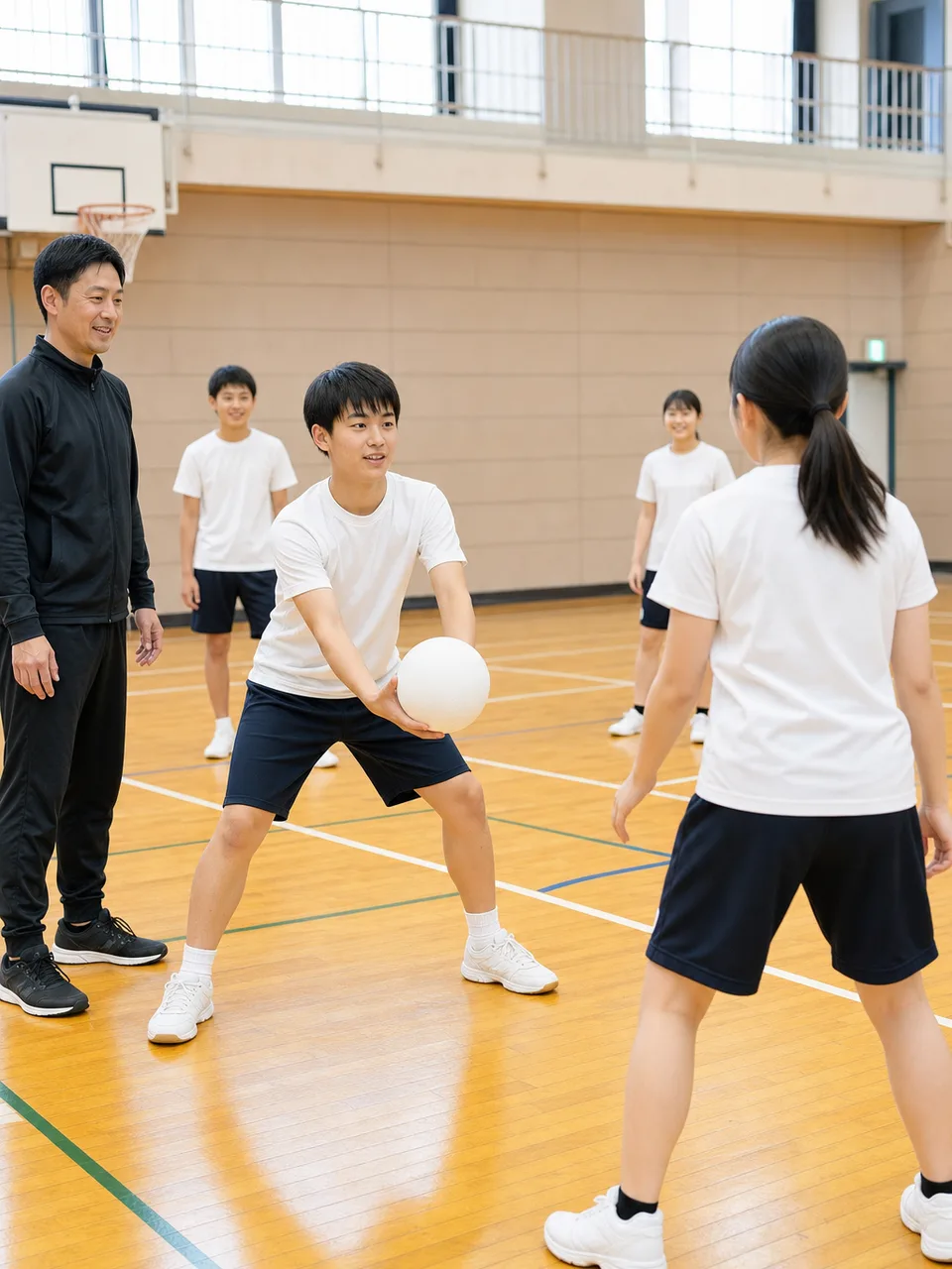 部活動に励む日本人中高生（自然な縦位置写真）。部活動、中学生、高校生、チームワークの記事向け素材です。