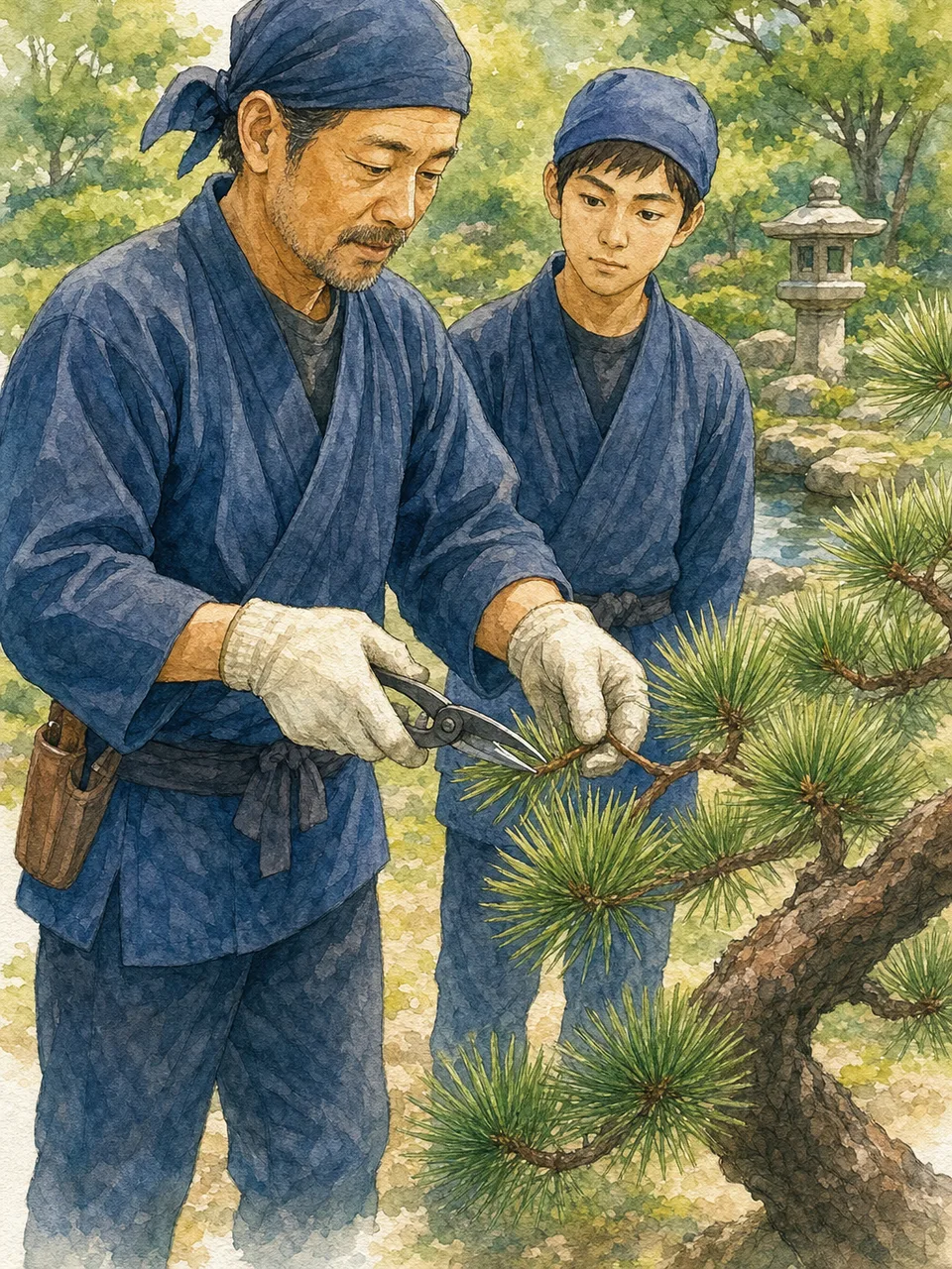 日本庭園の手入れを学ぶ日本人（手描き水彩）。庭木剪定を学ぶ、日本庭園の手入れ、日本庭園、庭木剪定の記事や案内に使える商用素材です。