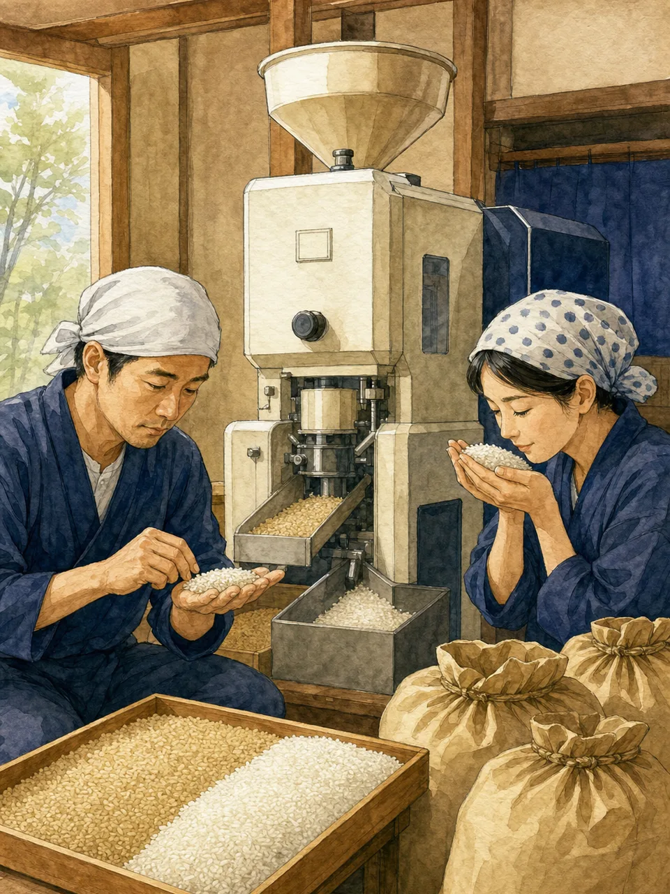 米を精米する日本人（手描き水彩）。精米、米、食品加工、農業の記事や案内に使える商用素材です。