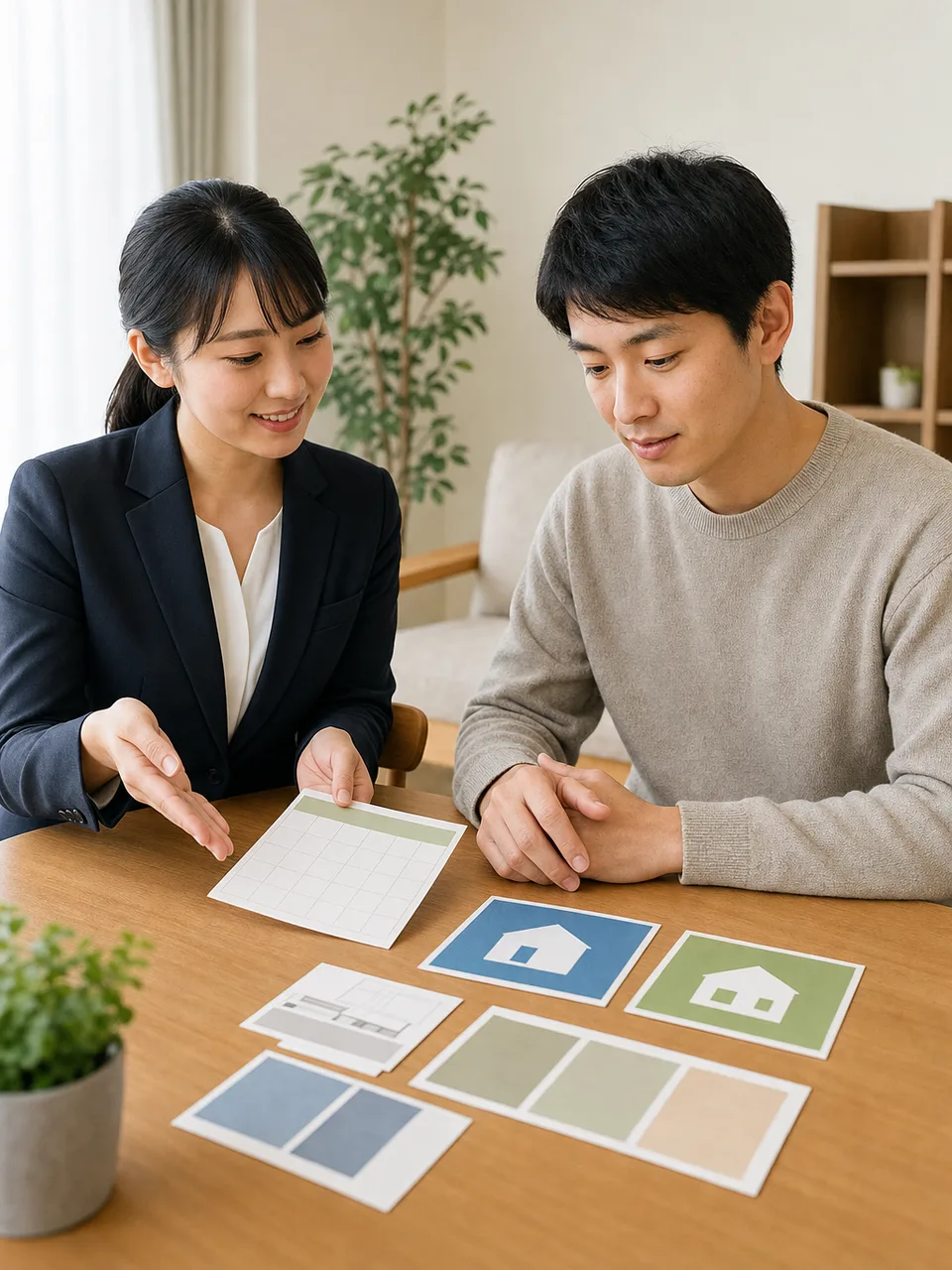 賃貸契約の更新を相談する日本人（自然な縦位置写真）。賃貸契約更新、更新手続き、賃貸住宅、不動産管理の記事や案内に使える商用素材です。
