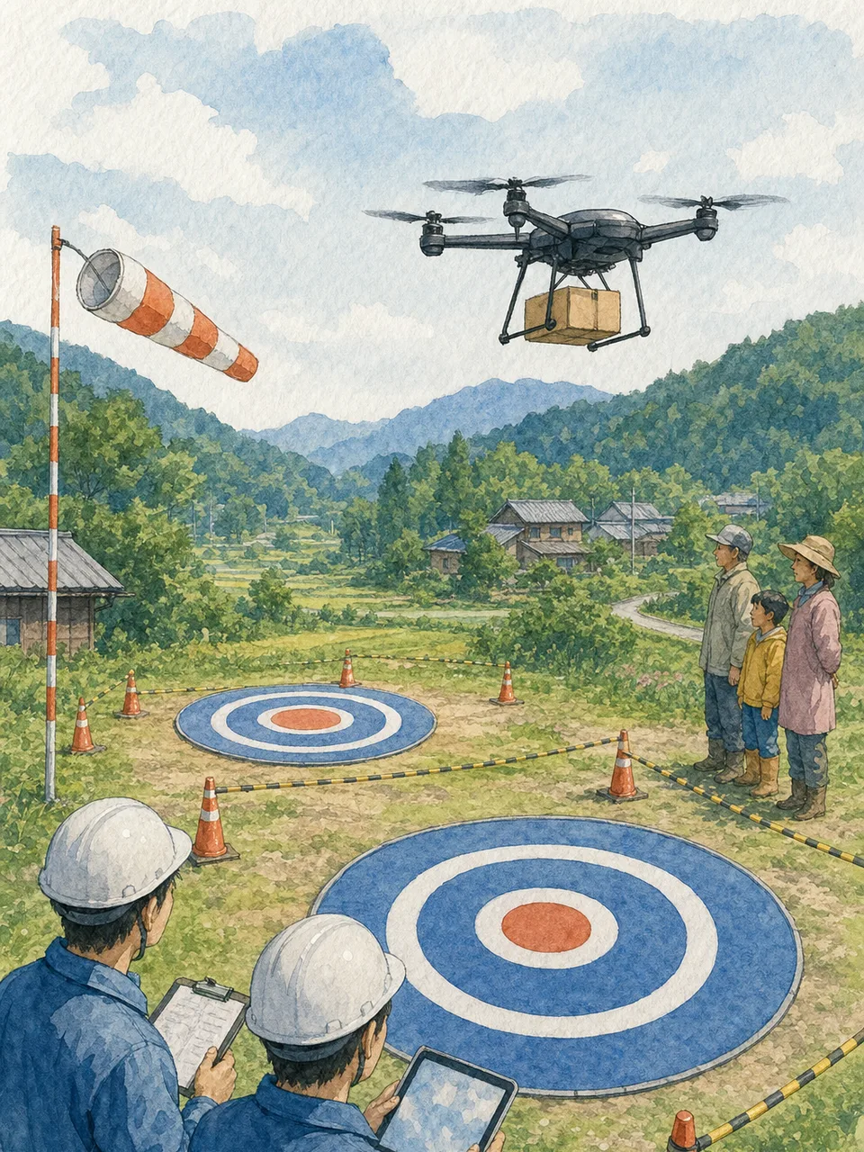 ドローン配送を実証する日本人チーム（手描き水彩）。ドローン配送、物流、実証実験、地域配送の記事向け素材です。