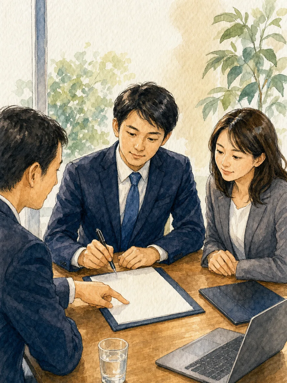 契約内容を確認するビジネス担当者（手描き水彩）。契約、商談、士業、法人サービスの説明に使いやすいビジネス素材です。
