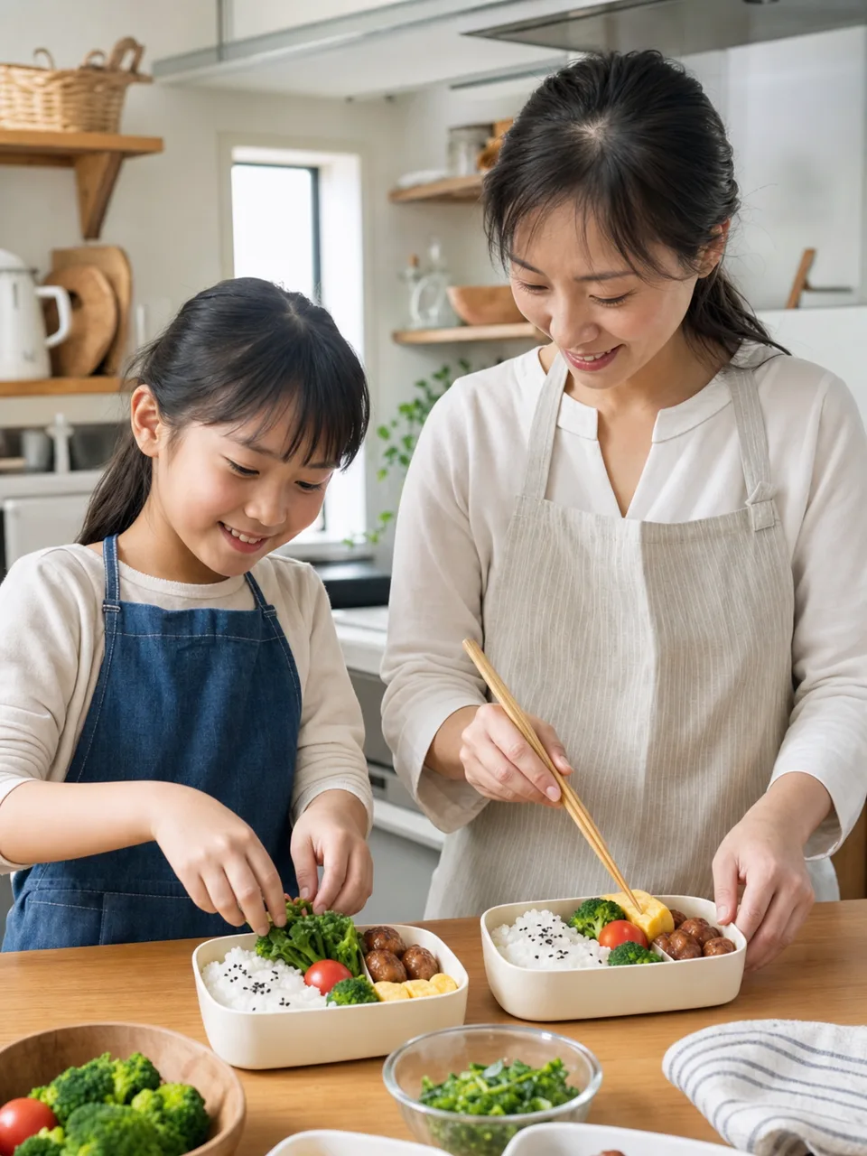 家族のお弁当を作る日本人（自然な縦位置写真）。弁当、家事、子育て、食品や生活サービスに使える朝の調理素材です。