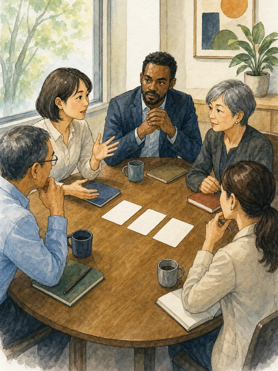 企業統治を議論する日本人取締役会（手描き水彩）。取締役会、企業統治、コーポレートガバナンス、経営会議の記事や案内に使える商用素材です。