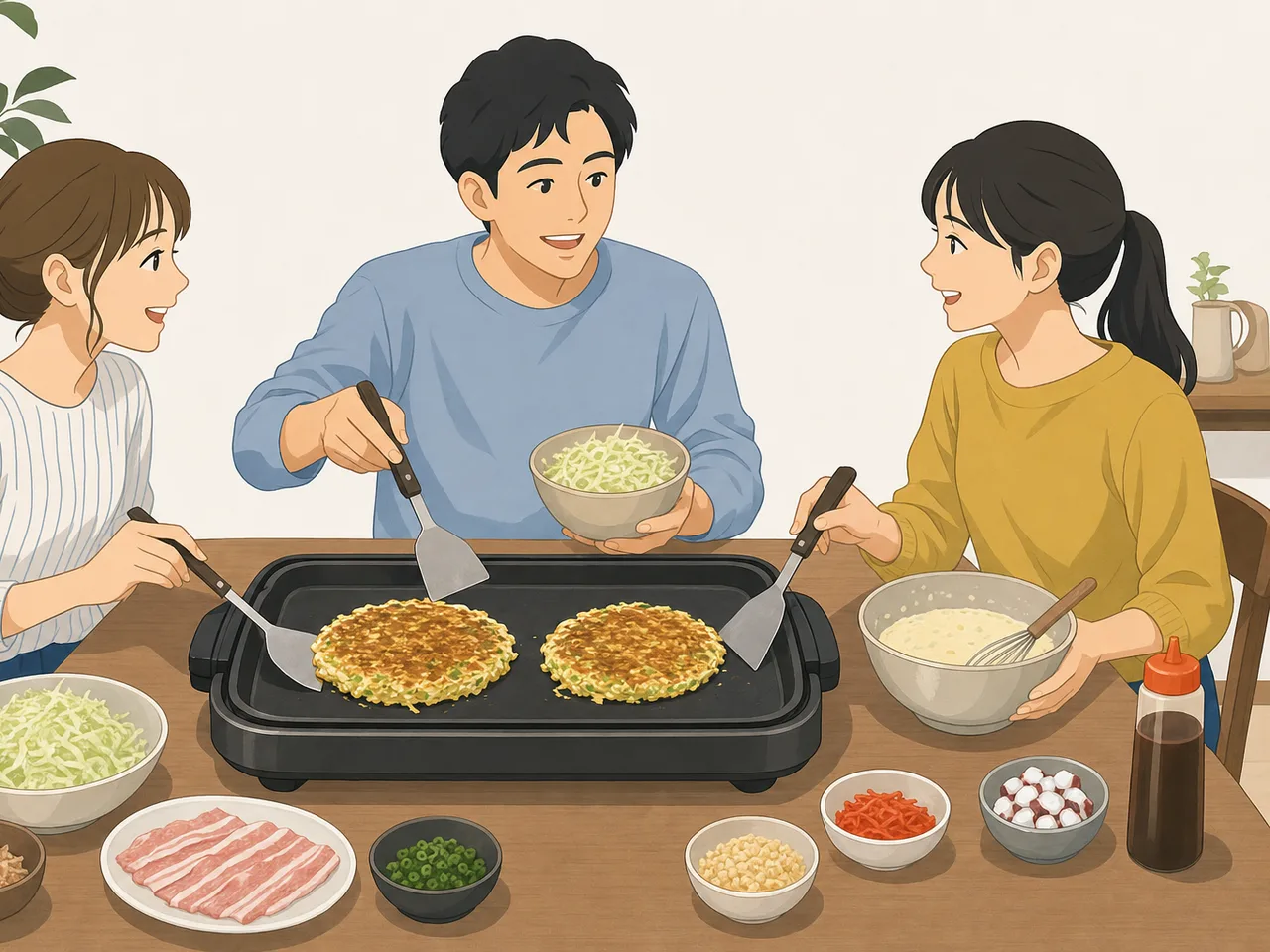 お好み焼きを作る日本人（フラットイラスト）。お好み焼き、家庭料理、関西グルメ、友人の記事向け素材です。