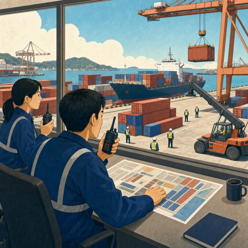港湾物流を調整する日本人担当者（編集記事向け）。港湾物流、港湾作業、貨物、物流管理の記事や案内に使える商用素材です。