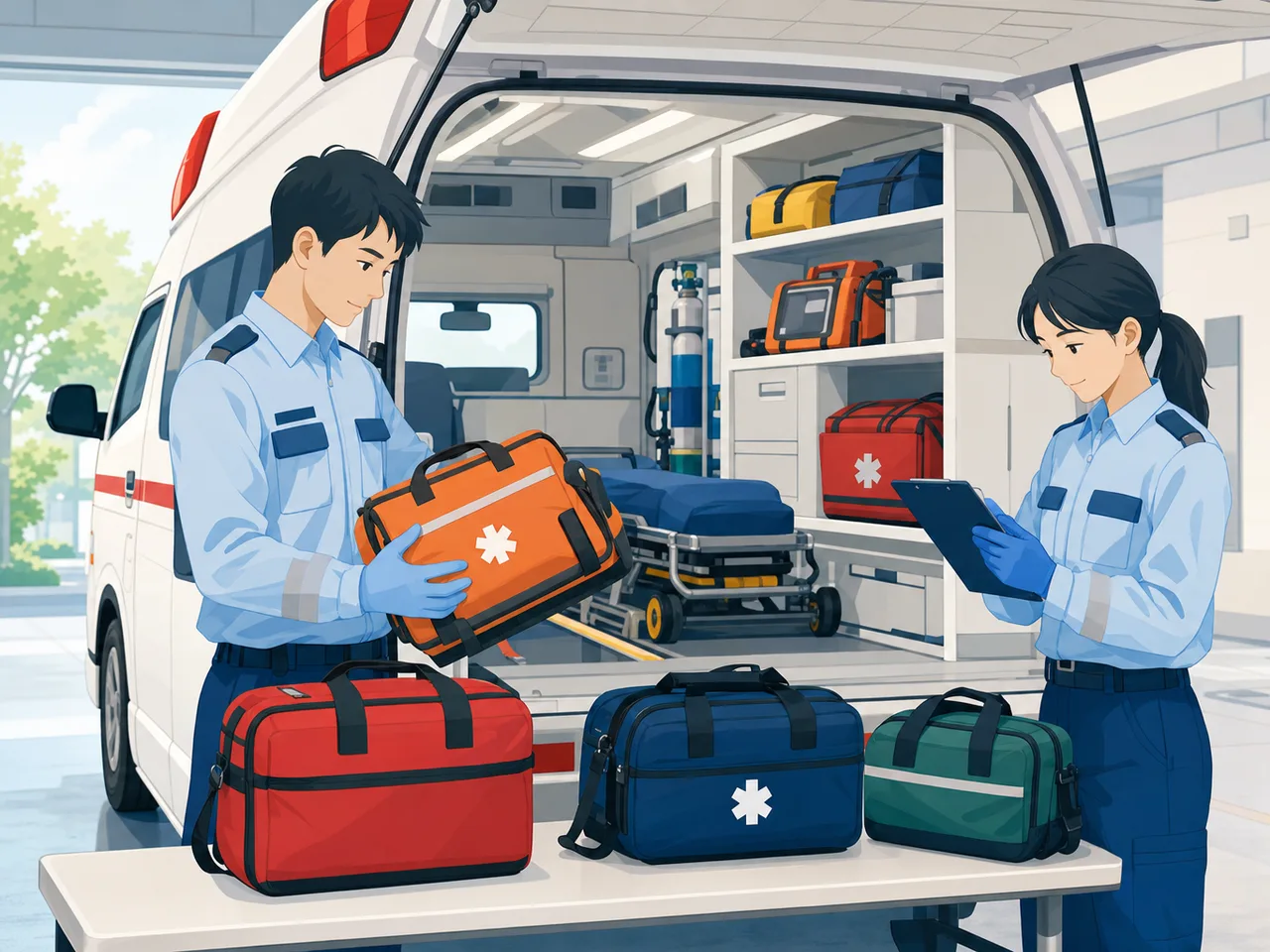 救急車の装備を点検する日本人救急救命士（フラットイラスト）。救急救命士、救急、装備点検、地域医療の記事向け素材です。