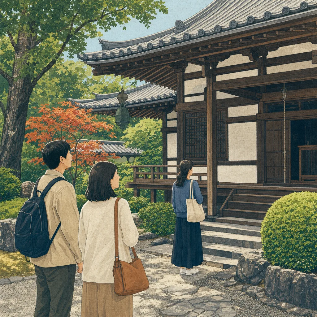 お寺の庭を訪れる日本人旅行者（編集記事向け）。お寺、寺院、日本庭園、文化観光の記事向け素材です。