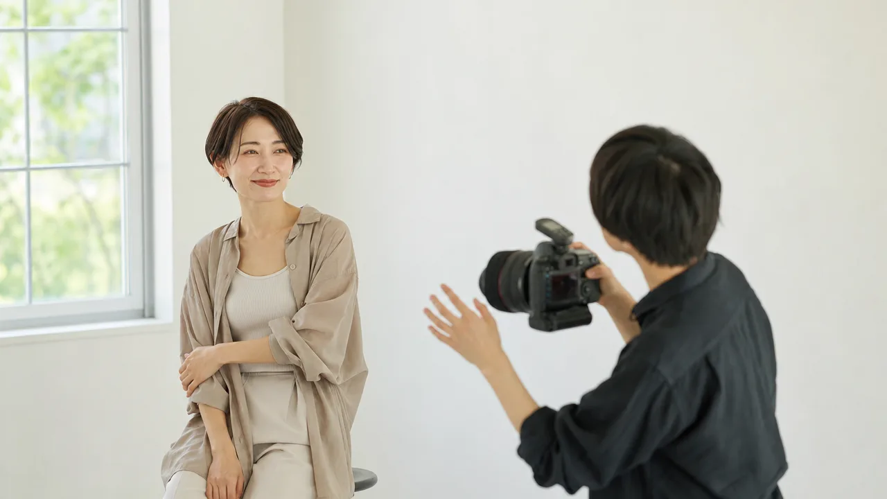 撮影する日本人写真家（横長・コピースペース）。写真家、カメラマン、撮影、クリエイティブ職の記事向け素材です。