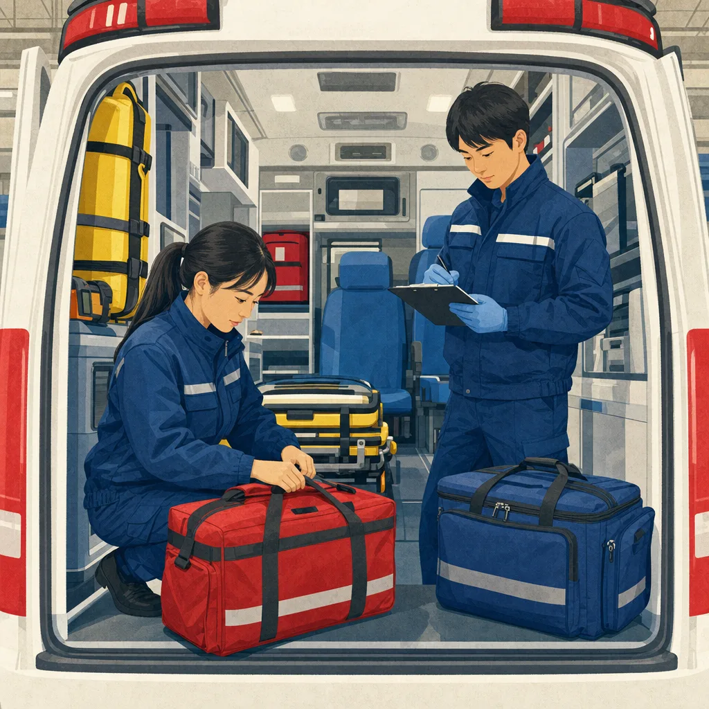 救急車の装備を点検する日本人救急救命士（編集記事向け）。救急救命士、救急、装備点検、地域医療の記事向け素材です。