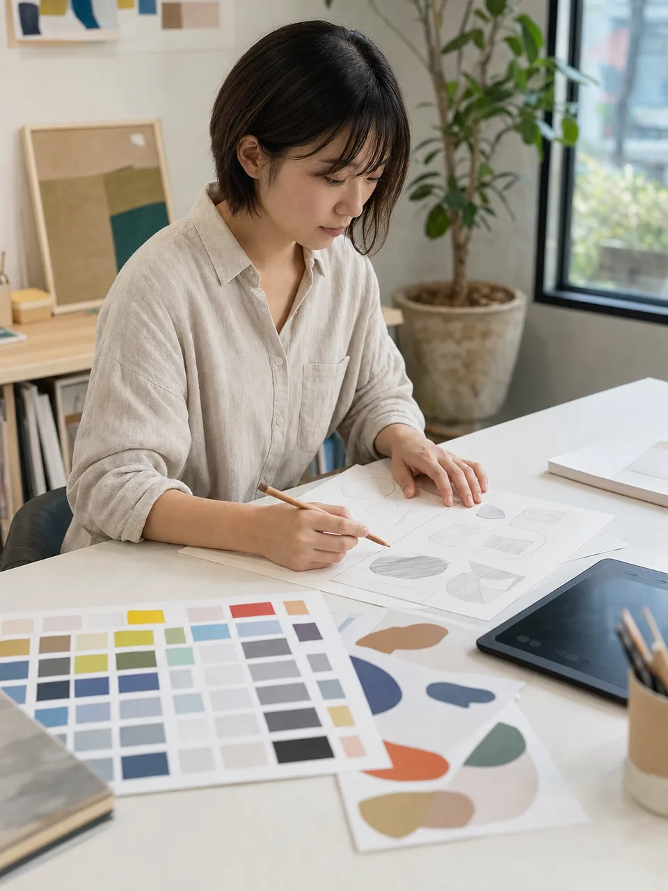 制作する日本人イラストレーター（自然な縦位置写真）。イラストレーター、制作、デザイン、クリエイターの記事向け素材です。
