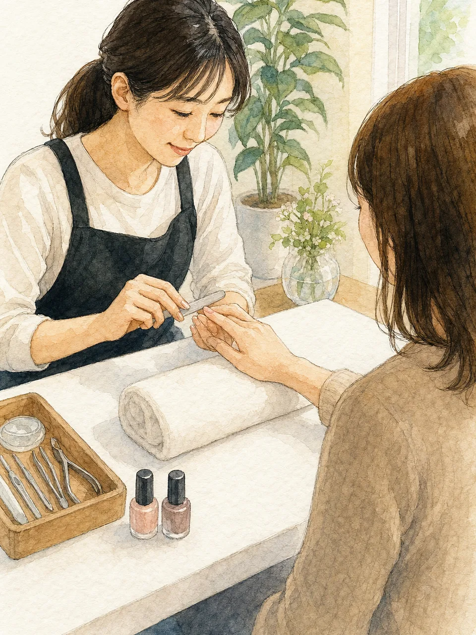 ネイルを施術する日本人ネイリスト（手描き水彩）。ネイリスト、ネイルサロン、美容、接客の記事向け素材です。