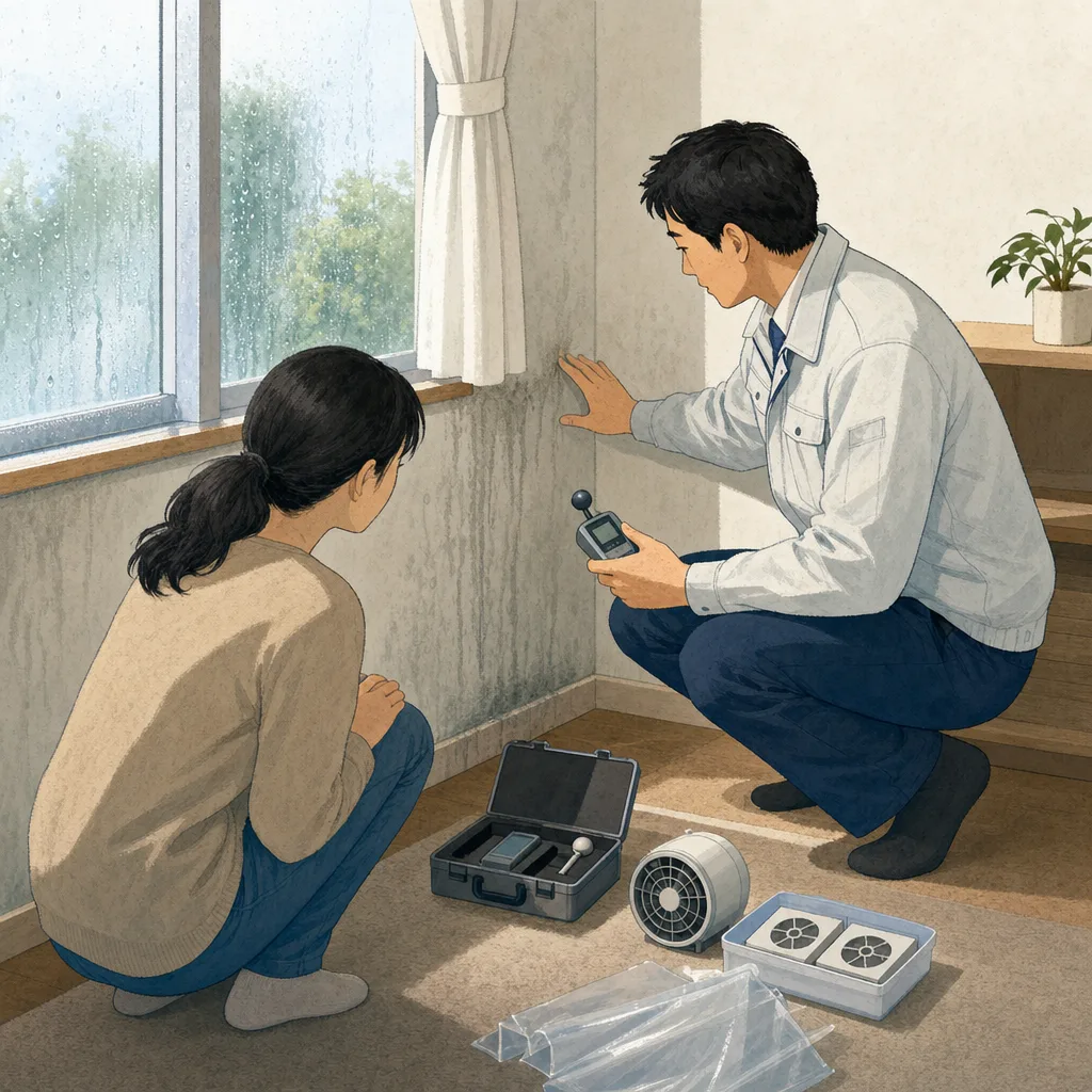 住宅の湿気を調べる日本人専門家（編集記事向け）。湿気対策、結露、カビ予防、住宅診断の記事や案内に使える商用素材です。