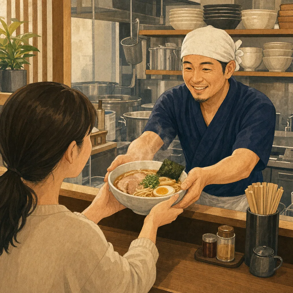 ラーメンを提供する日本人店主（編集記事向け）。飲食店、外食、地域グルメ、求人記事に使えるラーメン店の素材です。