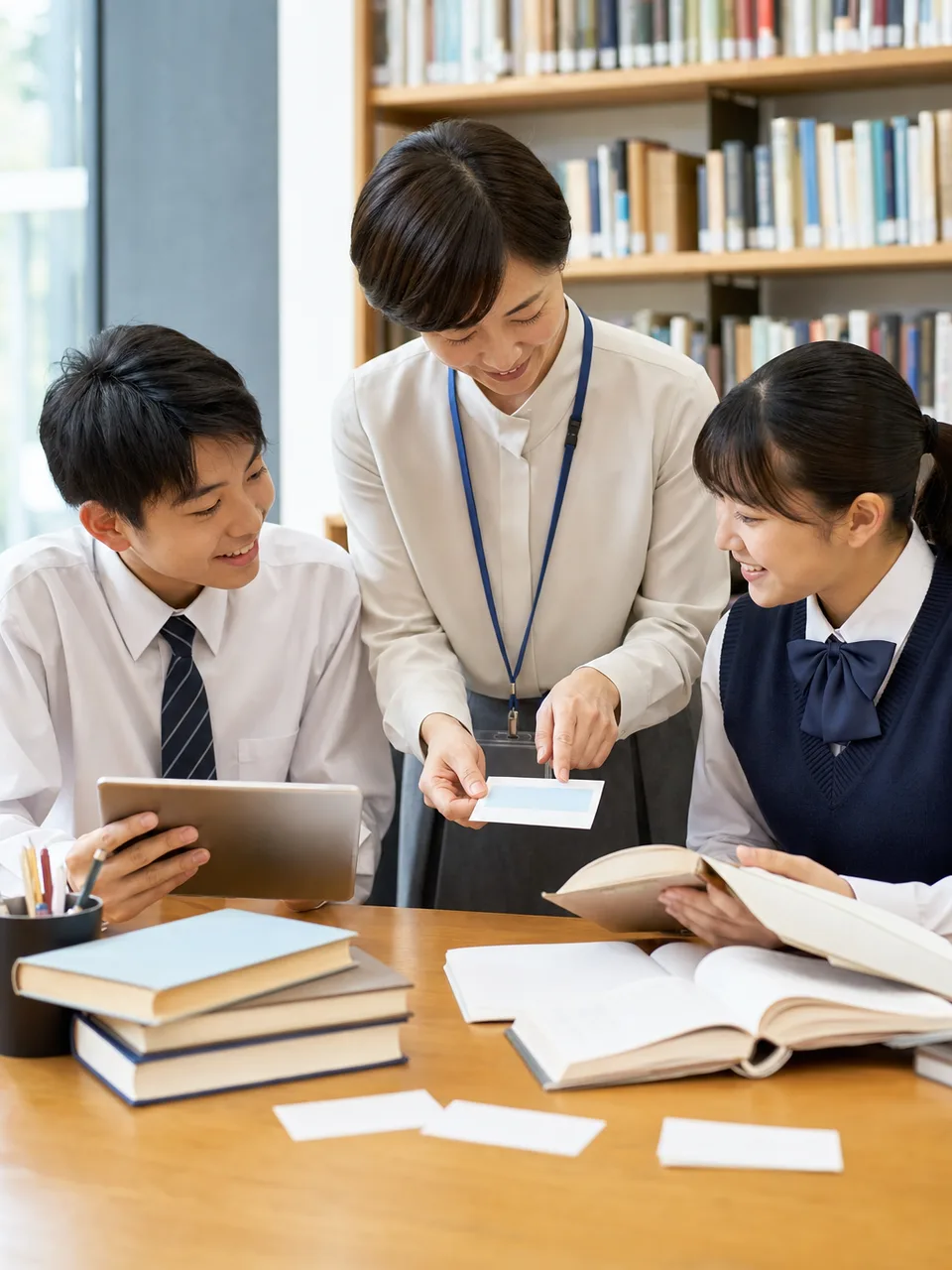 図書館で調べ学習をする日本人学生（自然な縦位置写真）。調べ学習、図書館教育、情報検索、学校図書館の記事や案内に使える商用素材です。
