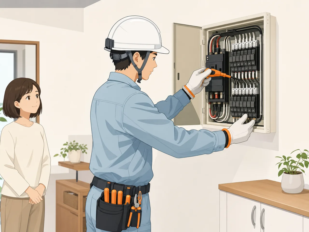 住宅設備を点検する日本人電気工事士（フラットイラスト）。電気工事士、住宅設備、保守点検、安全の記事向け素材です。