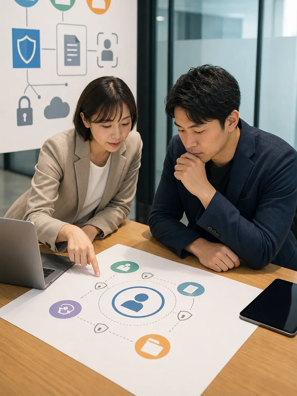 デジタル本人確認を設計する日本人チーム（自然な縦位置写真）。デジタル本人確認、デジタルID、eKYC、認証の記事や案内に使える商用素材です。