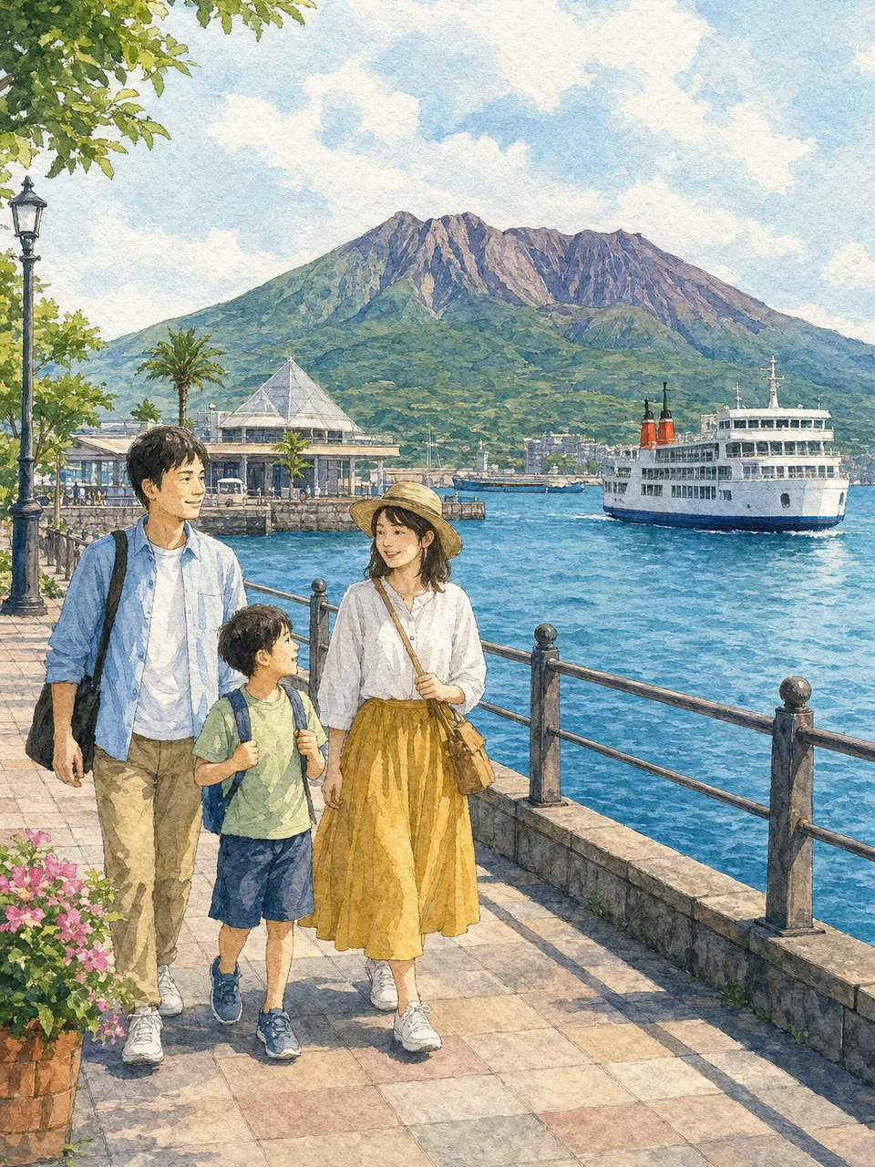 鹿児島の湾岸を旅する日本人（手描き水彩）。鹿児島、湾岸風景、火山、九州旅行の記事向け素材です。