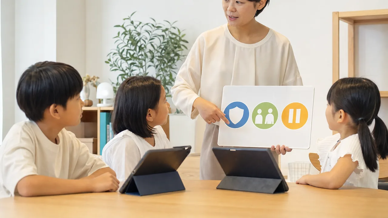 インターネット安全を学ぶ日本人の子ども（横長・コピースペース）。ネット安全、情報モラル、子ども、インターネットの記事や案内に使える商用素材です。