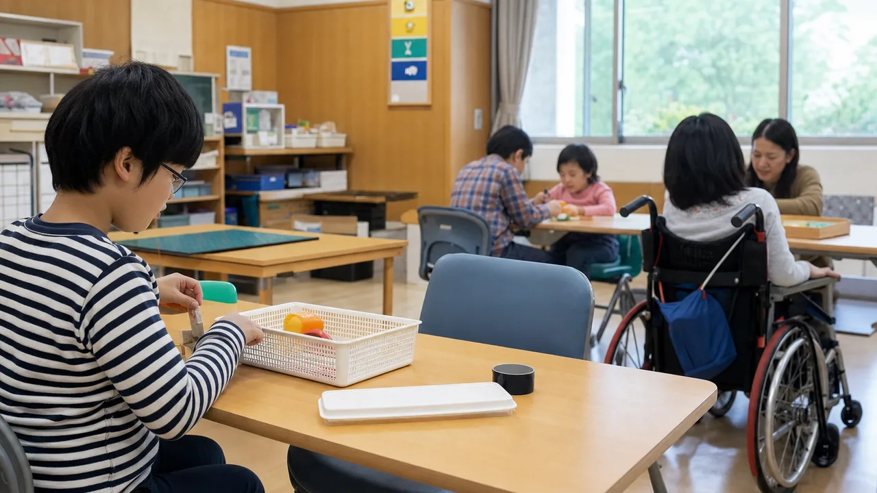 特別支援学校で学ぶ日本人の生徒（横長・コピースペース）。特別支援学校、個別支援、学習、インクルーシブ教育の記事向け素材です。