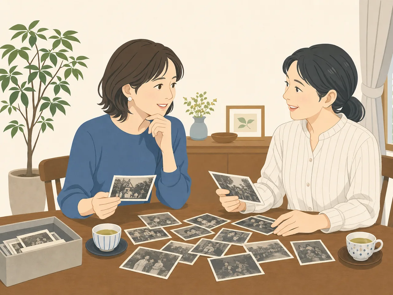 会話を楽しむ日本人の姉妹（フラットイラスト）。姉妹、きょうだい、会話、家族関係の記事向け素材です。