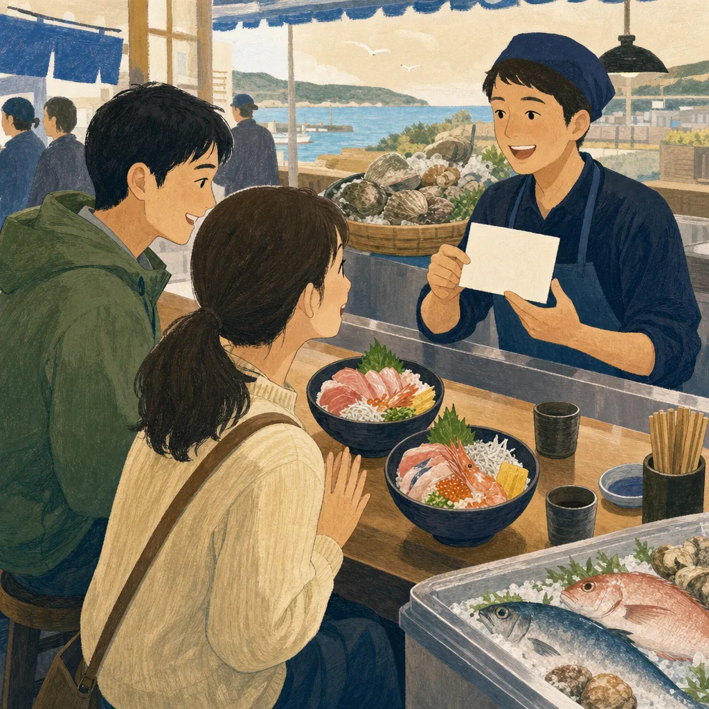 海鮮丼を味わう日本人旅行者（編集記事向け）。海鮮丼、魚介、地域の食、旅行の記事向け素材です。