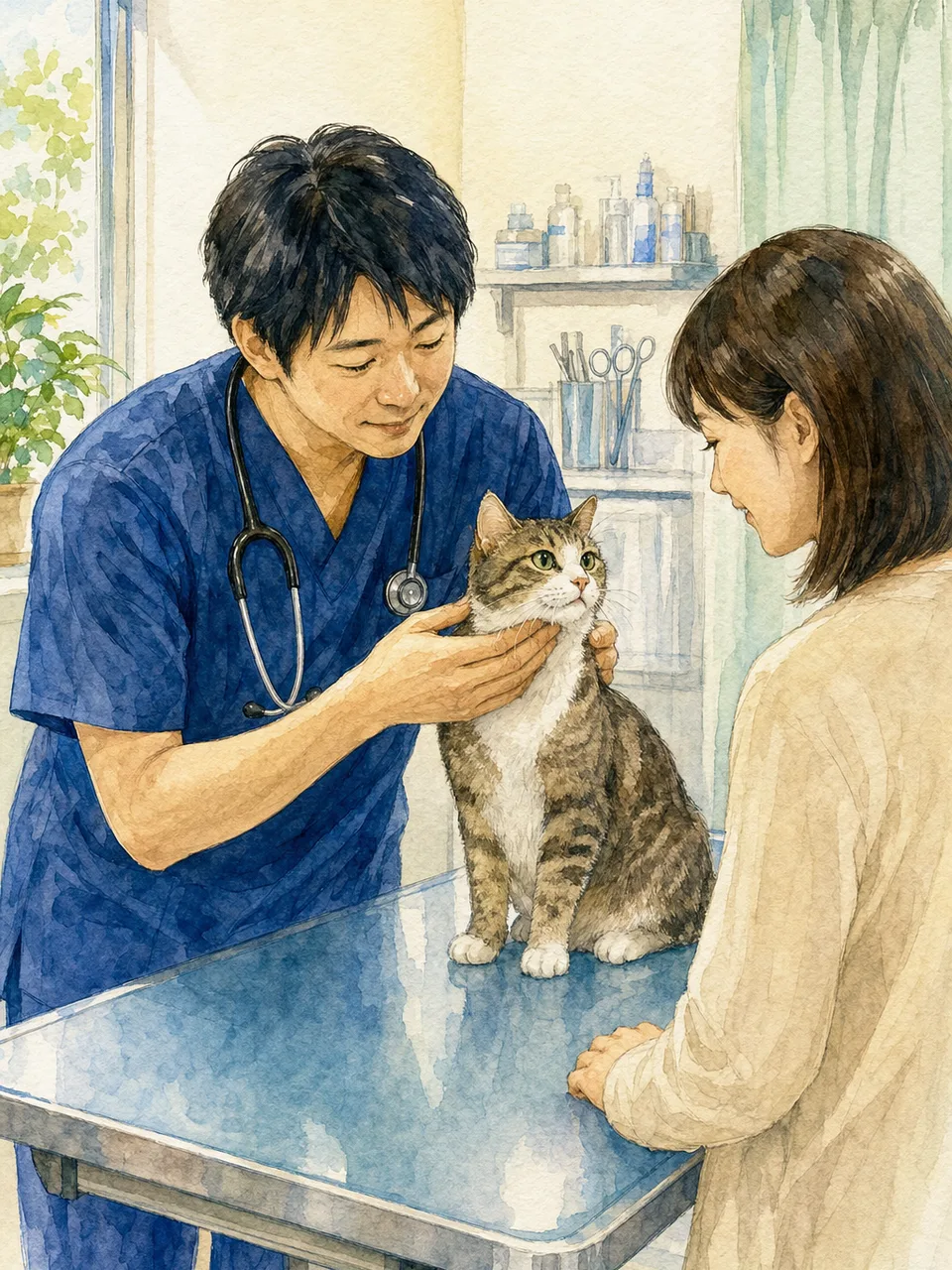 動物病院で診察を受ける猫（手描き水彩）。ペット医療、保険、飼育情報の記事に使える、獣医師と猫と飼い主の素材です。