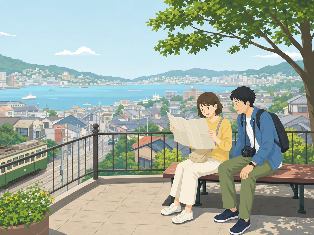 長崎の港町を楽しむ日本人旅行者（フラットイラスト）。長崎、九州旅行、港町、坂の街の記事向け素材です。