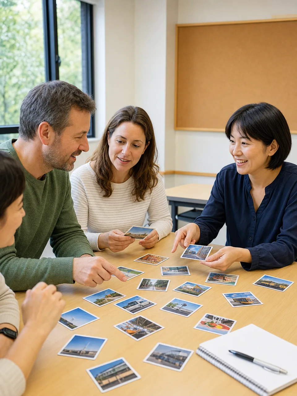 日本語教室で学ぶ外国人住民（自然な縦位置写真）。日本語教室、外国人住民、多文化共生、地域学習の記事向け素材です。