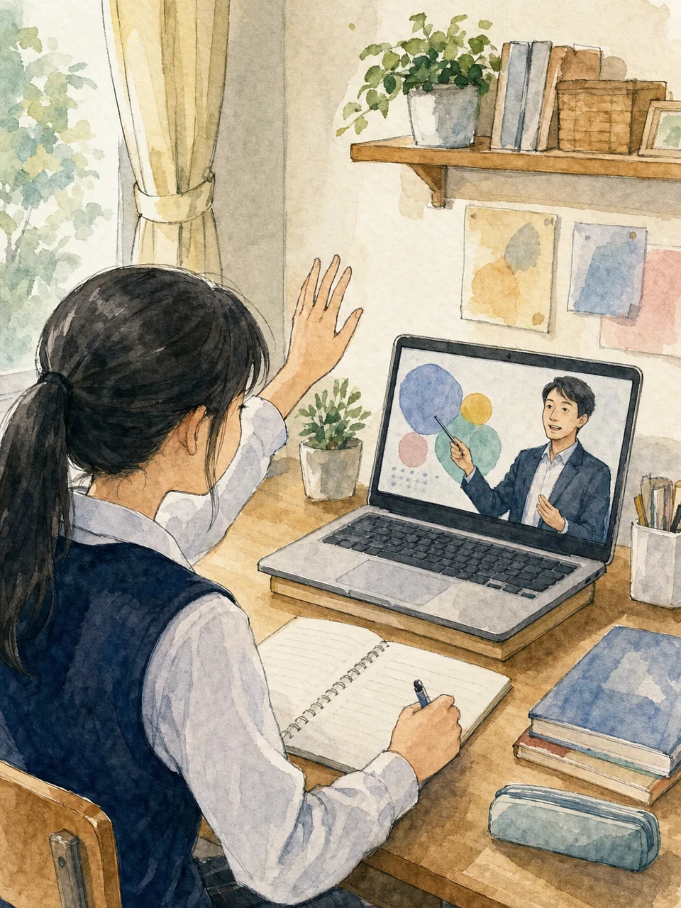 オンライン授業に参加する日本人の生徒（手描き水彩）。オンライン授業、遠隔学習、中高生、教育ICTの記事向け素材です。