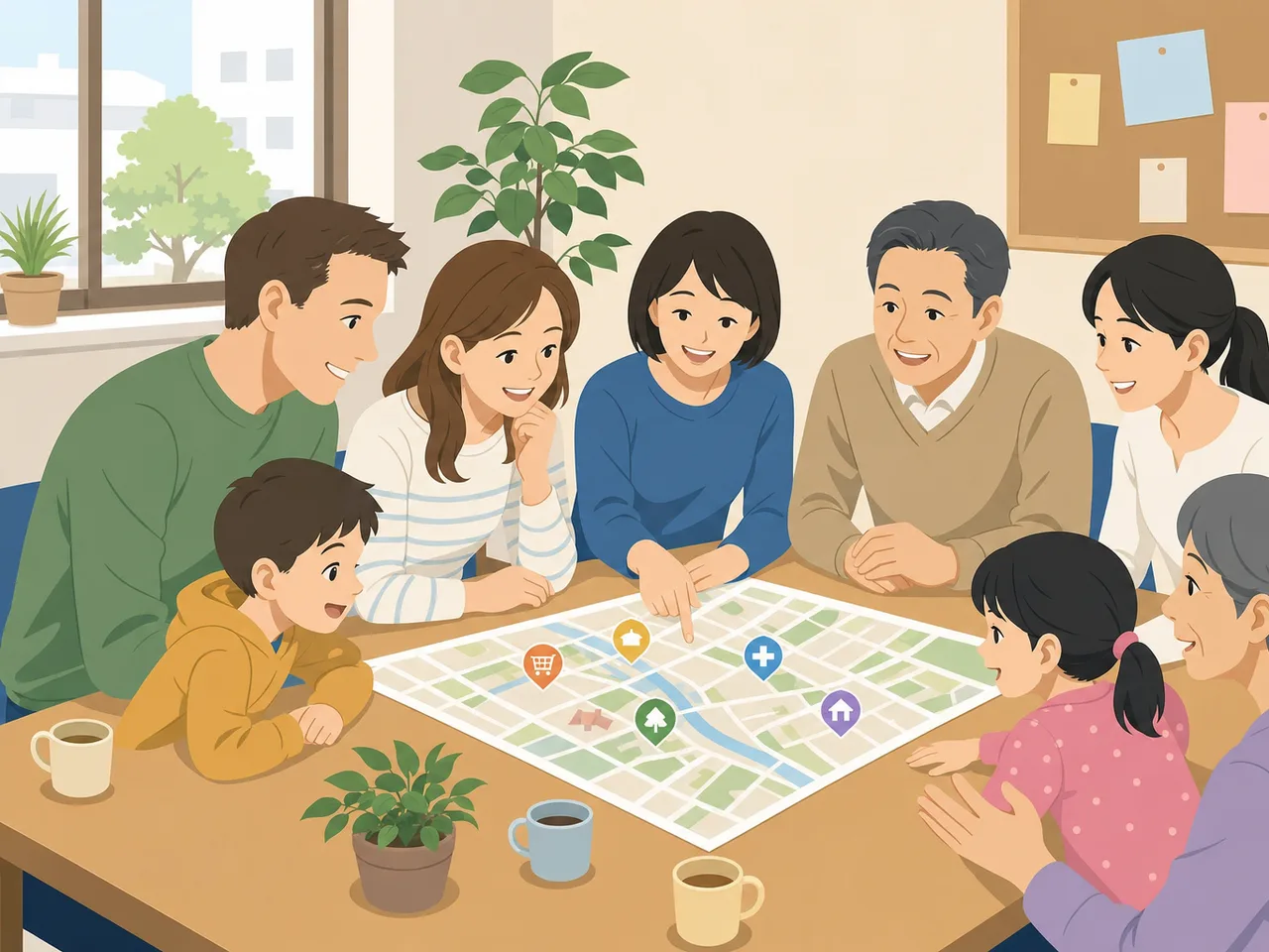地域で暮らす外国人家族（フラットイラスト）。外国人家族、多文化共生、地域生活、子育ての記事向け素材です。