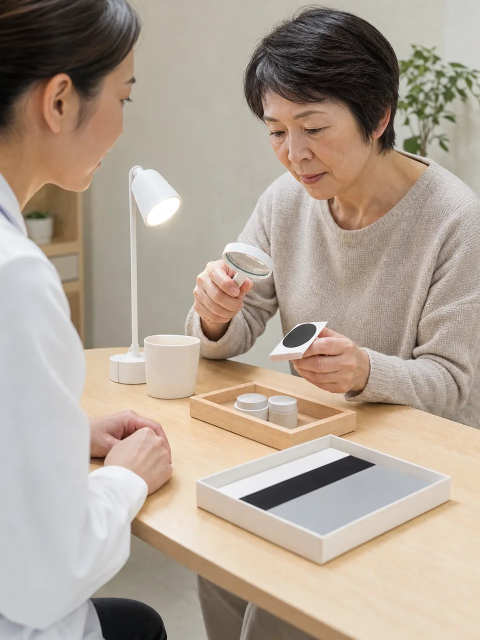 見えにくさへの工夫を相談する日本人（自然な縦位置写真）。ロービジョン相談、見えにくさ、視覚支援、拡大鏡の記事や案内に使える商用素材です。