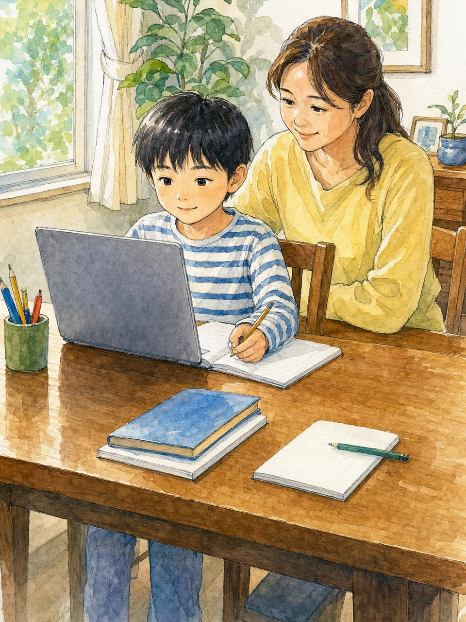 自宅でオンライン学習をする小学生（手描き水彩）。オンライン教育、家庭学習、学習支援サービスに使える親子素材です。