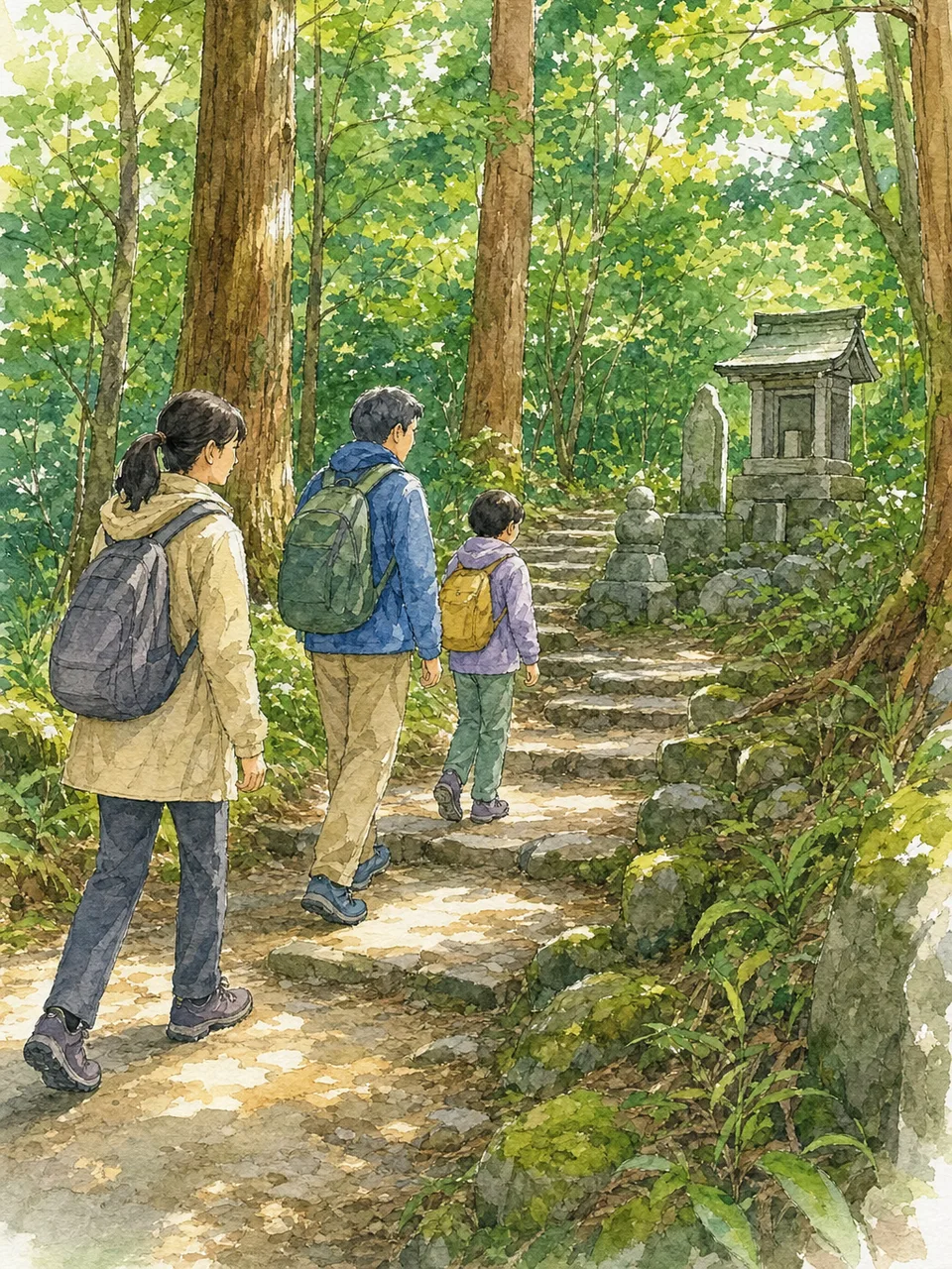 和歌山の古道を歩く旅行者（手描き水彩）。和歌山旅行、熊野古道、古道歩き、関西旅行の記事や案内に使える商用素材です。