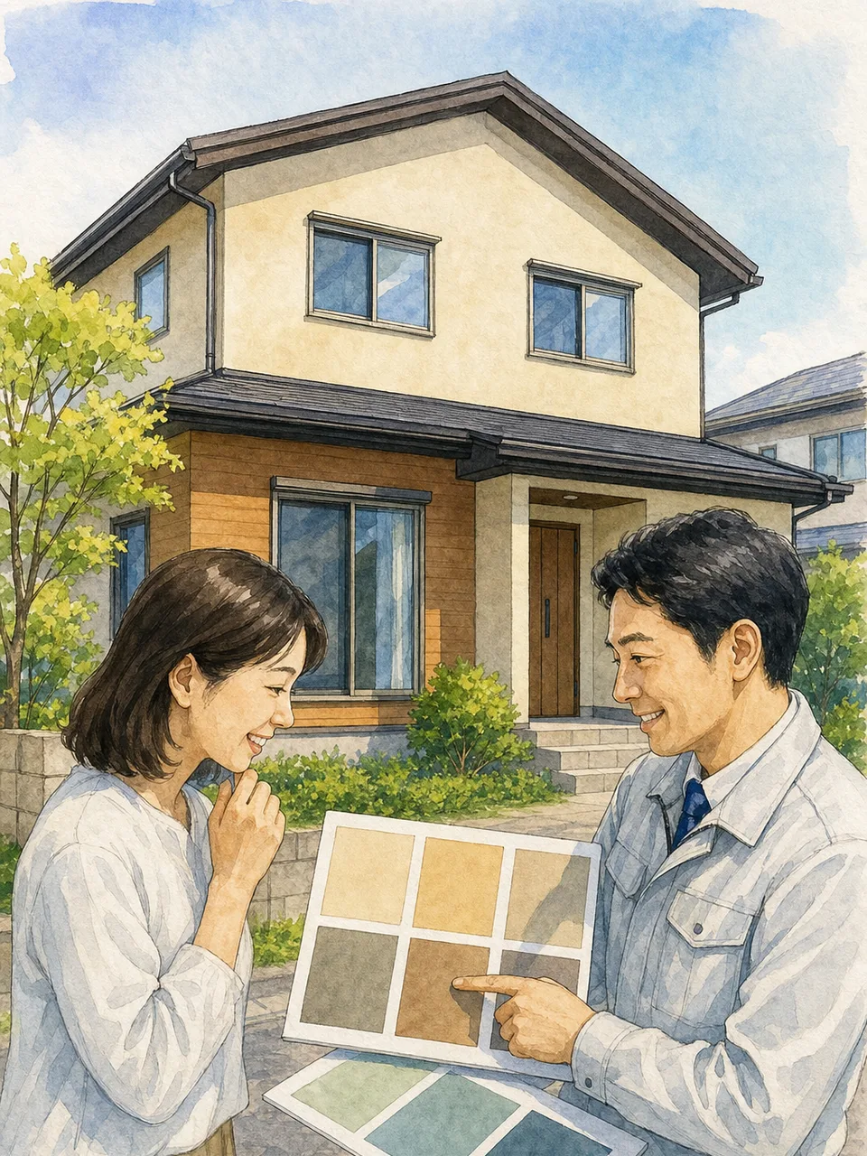 外壁塗装を相談する日本人（手描き水彩）。外壁塗装、住宅塗装、リフォーム、外壁メンテナンスの記事や案内に使える商用素材です。