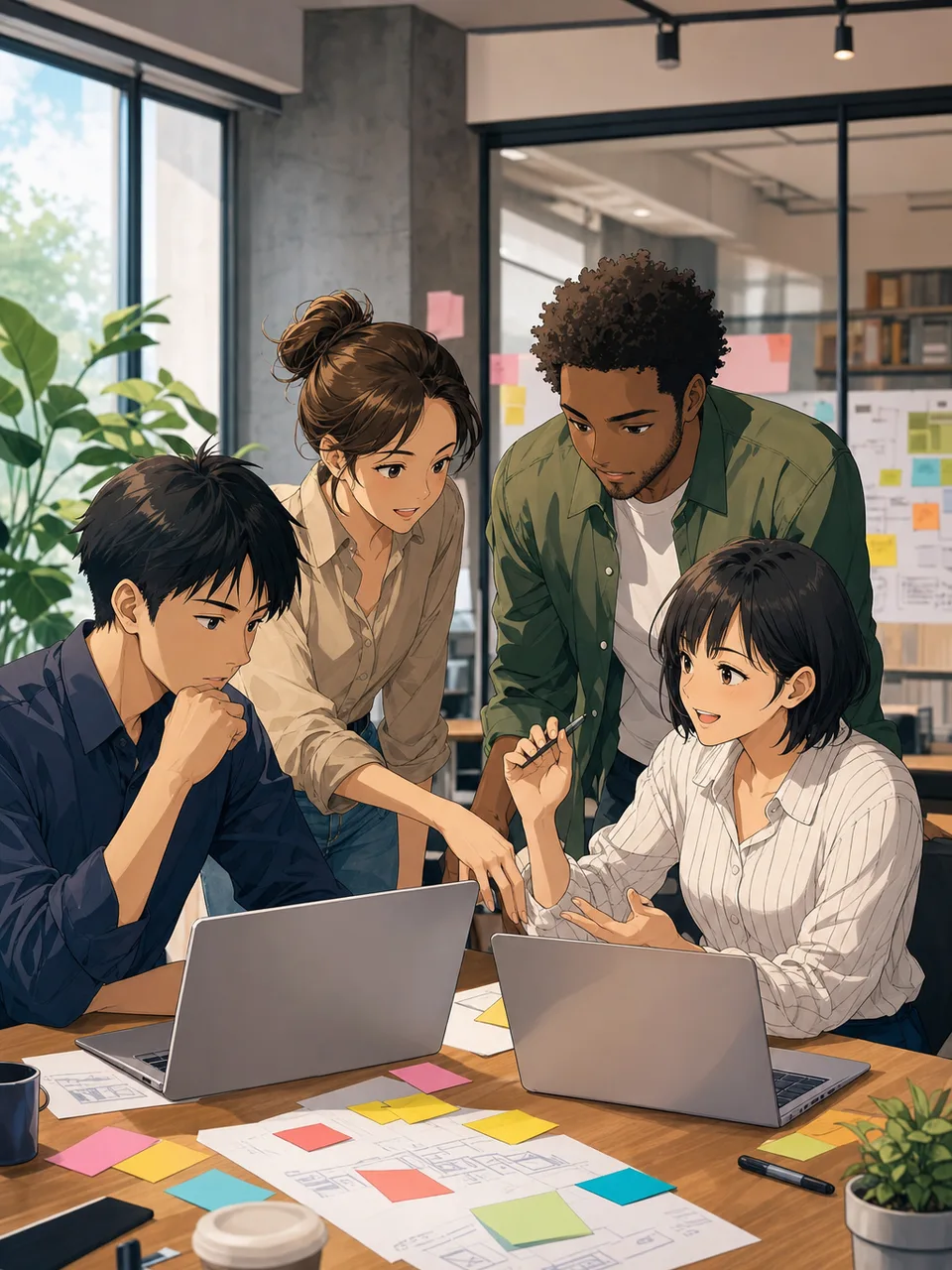 働くチームのアニメ風イラスト（アニメ風・縦位置）。採用、IT、スタートアップの記事に使える、完全オリジナルのアニメ風ビジネス素材です。