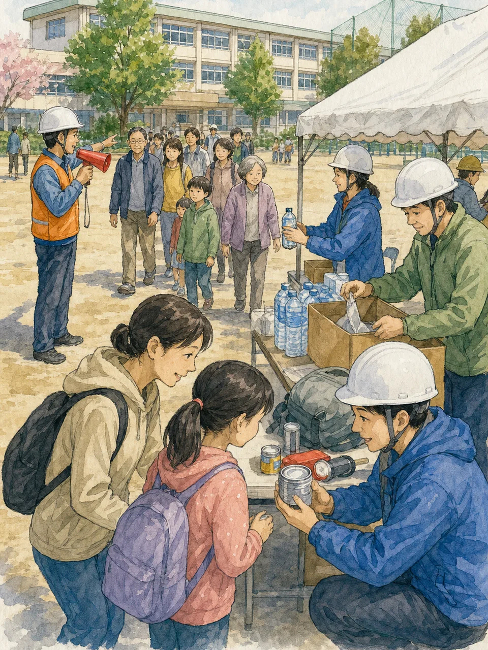 防災の日に訓練する日本人住民（手描き水彩）。防災の日、防災訓練、地域、備えの記事向け素材です。