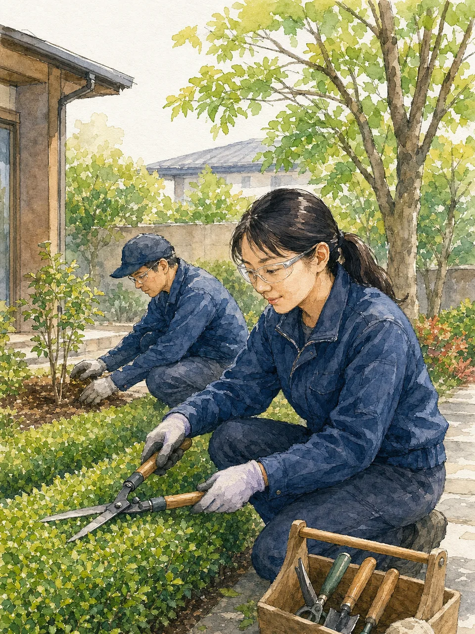 庭を手入れする日本人造園作業員（手描き水彩）。造園業、庭づくり、緑化、屋外作業の記事向け素材です。