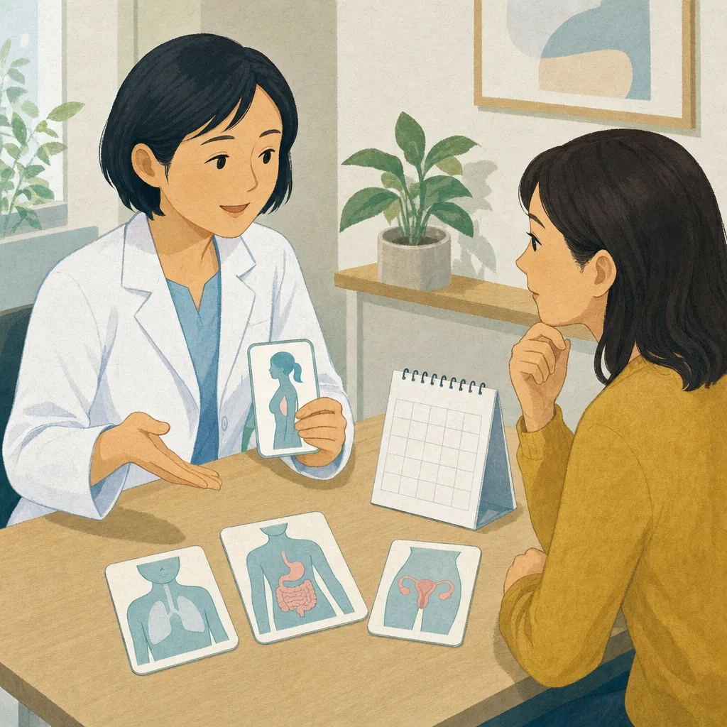 がん検診を相談する日本人（編集記事向け）。がん検診、健康相談、予防医療、早期発見の記事や案内に使える商用素材です。