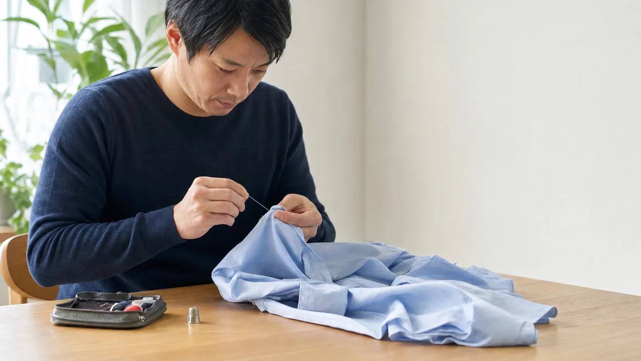洋服を修繕する日本人（横長・コピースペース）。洋服の修繕、繕い物、衣類、持続可能な暮らしの記事向け素材です。