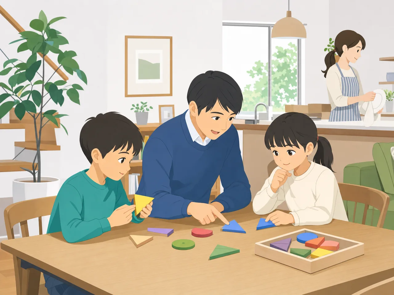 家庭教師と学ぶ日本人の生徒（フラットイラスト）。家庭教師、個別指導、家庭学習、教育支援の記事に使える素材です。