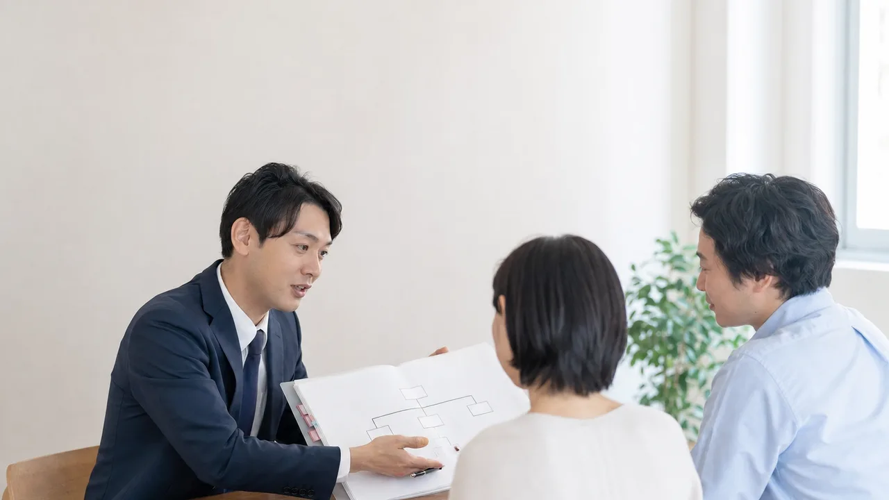 司法書士に相談する日本人（横長・コピースペース）。司法書士、登記、相続手続き、法律相談の記事向け素材です。