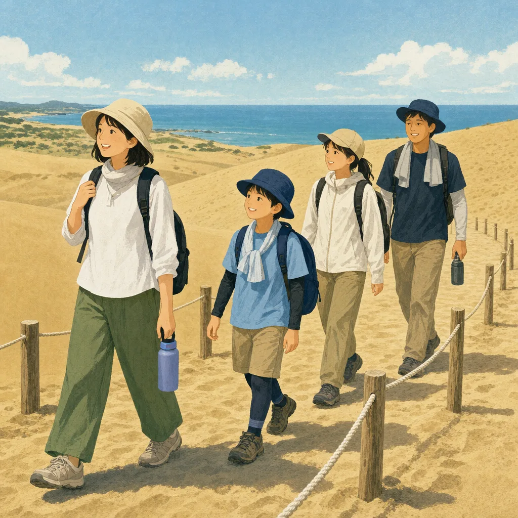 鳥取の砂丘を歩く旅行者（編集記事向け）。鳥取旅行、鳥取砂丘、山陰旅行、砂丘の記事や案内に使える商用素材です。